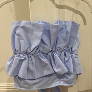 blue strapless ruffle top